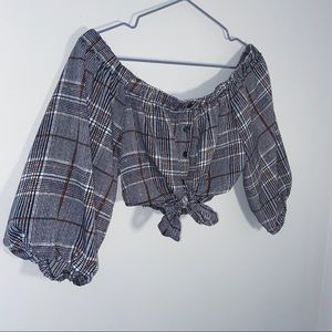 Plaid tie up cropped 1/4 sleeve blouse